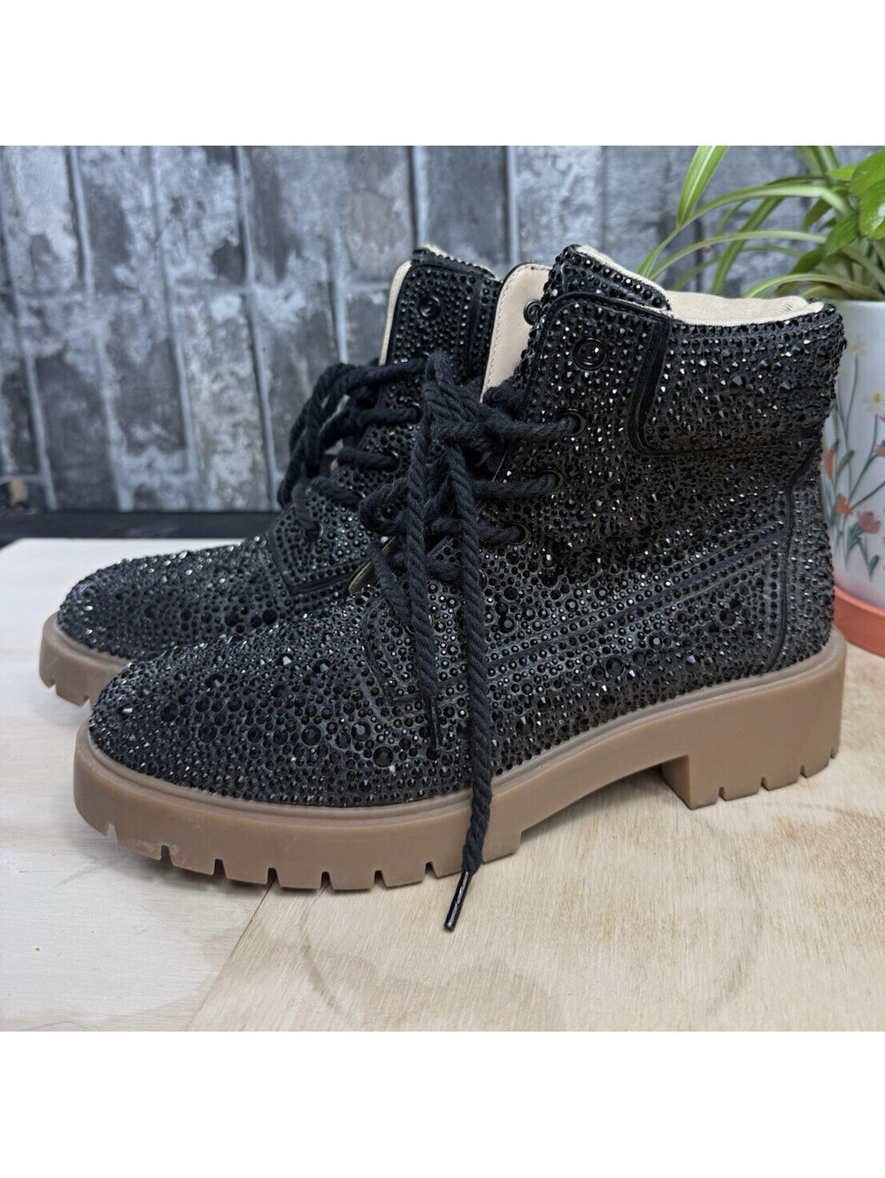 Betsey Johnson SB Hudson Black Rhinestone Glitter Lace-Up Ankle Bootie 8